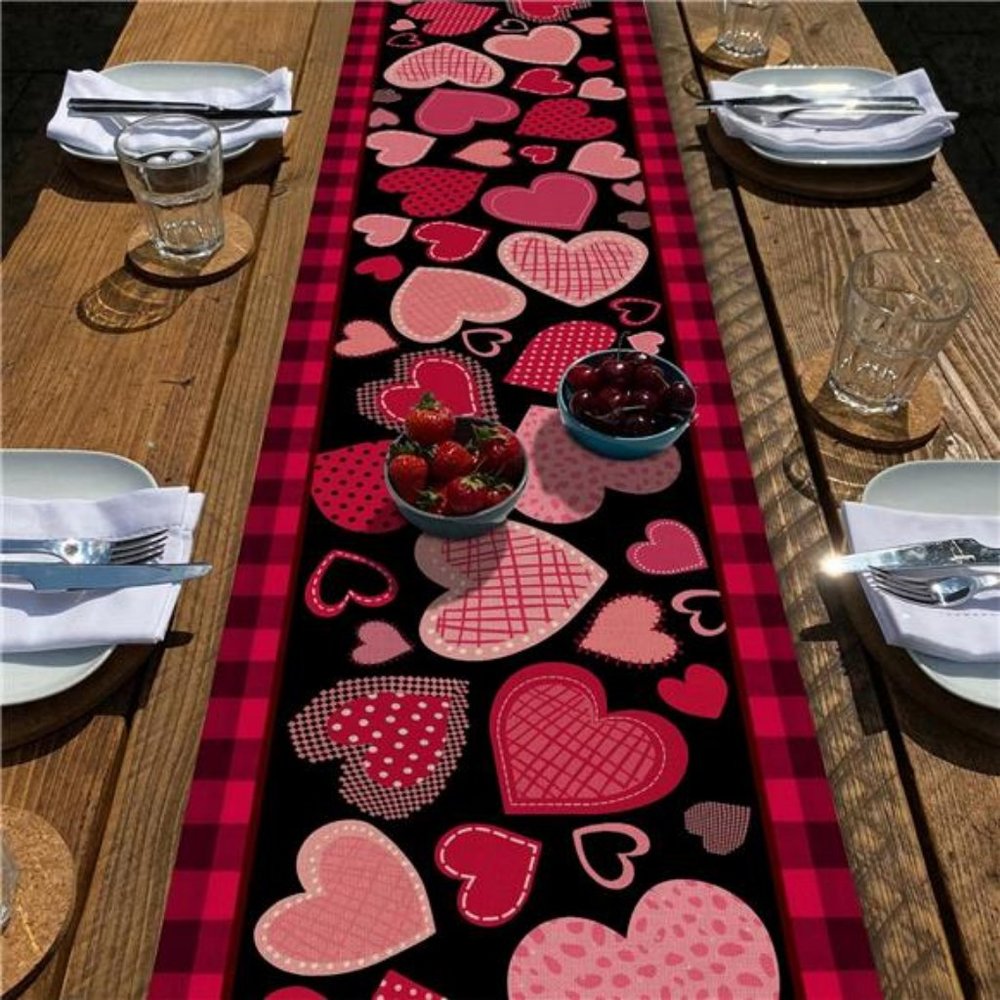 Valentines Day Table Runner Heart Cloth Buffalo Plaid Farmhouse Cottage Decor